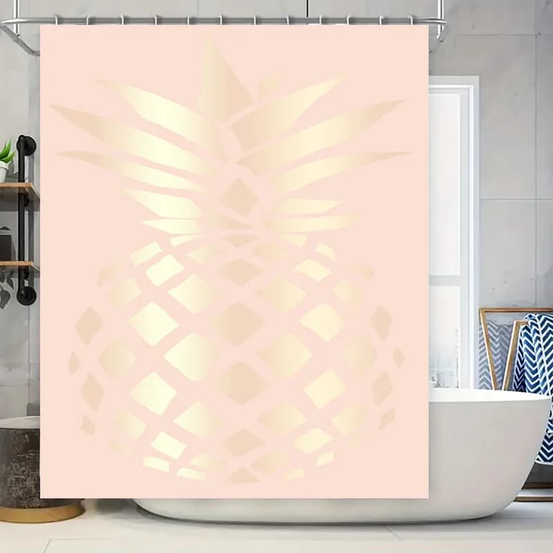 Tenda da doccia con ananas dorato Lussuosa decorazione da bagno rosa con design moderno per la decorazione domestica Dimensioni: 69x72 pollici (LxL)