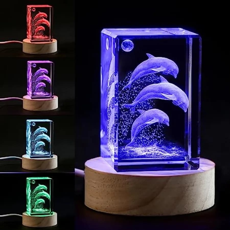 3D Crystal Dolphin Figurine Night Light with LED Base, Birthday Gift for Women, Thanksgiving Christmas Valentines Anniversary B