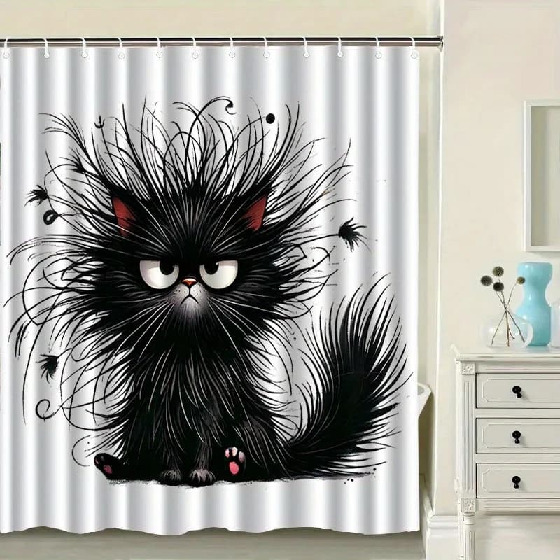 Tenda da doccia con stampa divertente di gatto nero dei cartoni animati con pelliccia soffice per il bagno