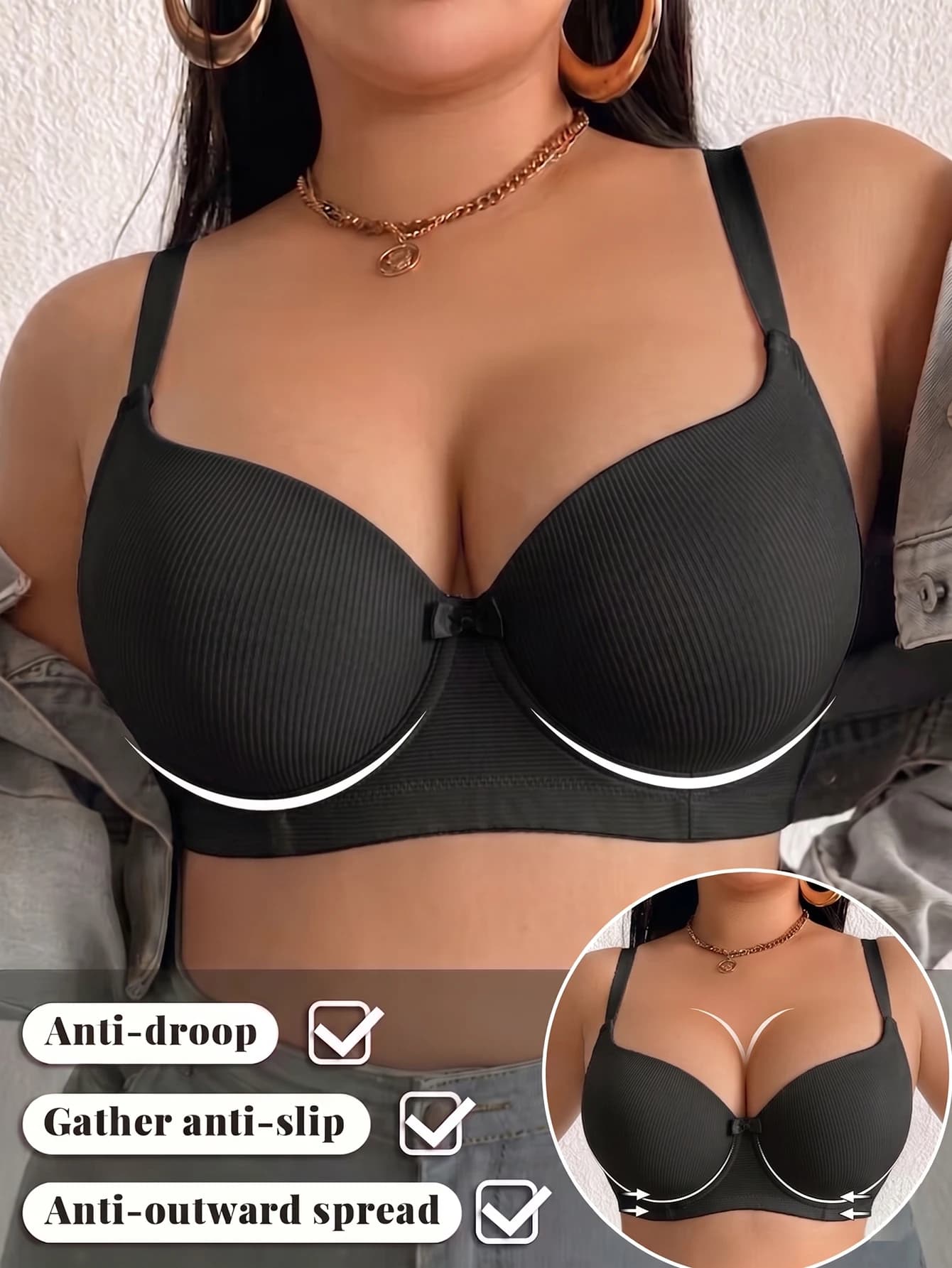 Plus Size Ribbed Women Bra Thin Cup Underwire Strong Support Push Up Anti-sagging Bra Wide Straps Daily Comfort Basic Lingerie
