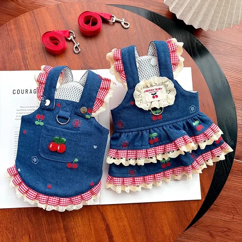 Set di Guinzaglio e Vestitino in Denim per Cani - Outfit Trendy e Chic per Cani e Gatti con Guinzaglio, Gilet in Rete Morbida e Gonna in Jeans