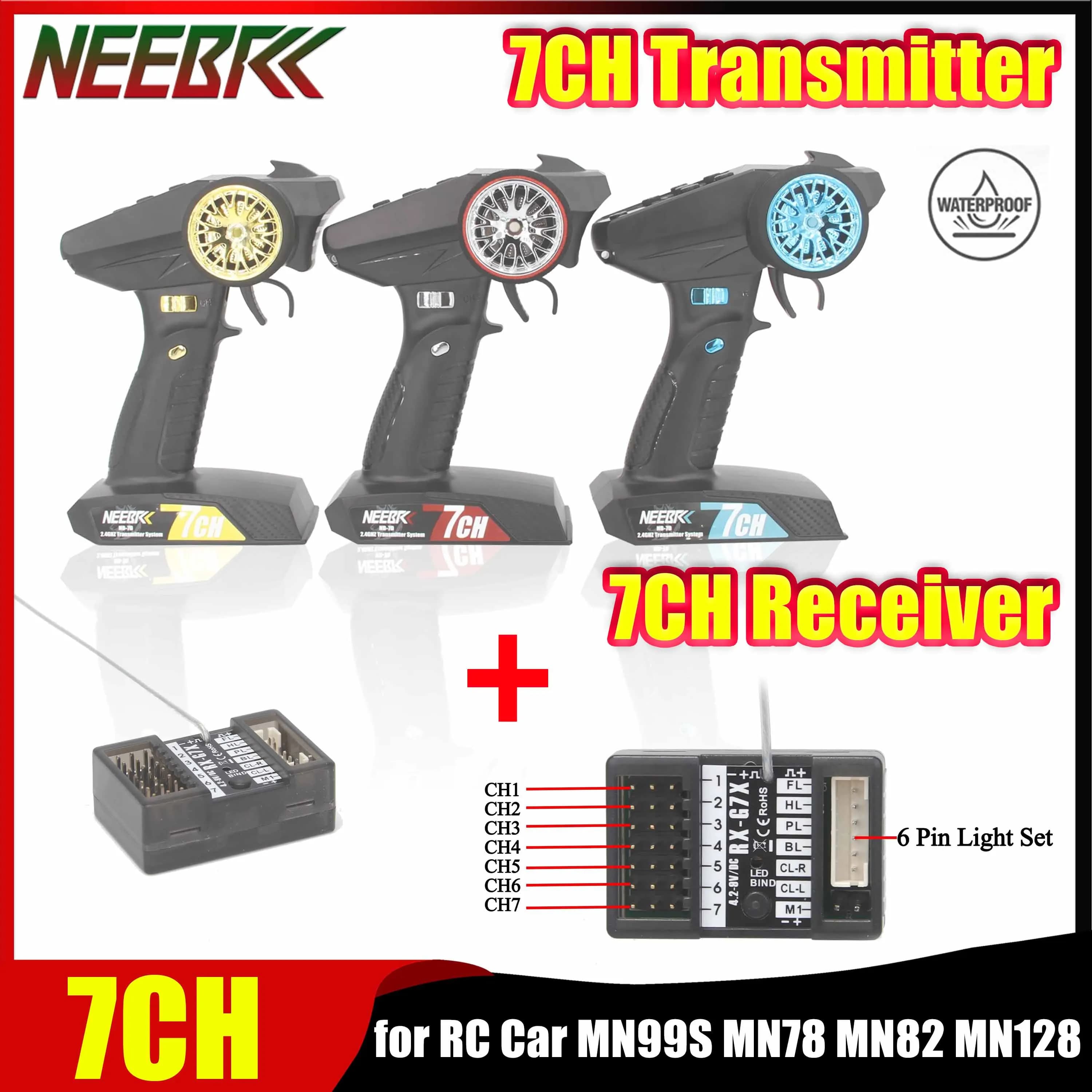 Sistema radio NEEBRC 7CH 2.4G, trasmettitore con telecomando, ricevitore impermeabile con connettore a 6 pin per auto RC Crawler MN128 MN99S MN82