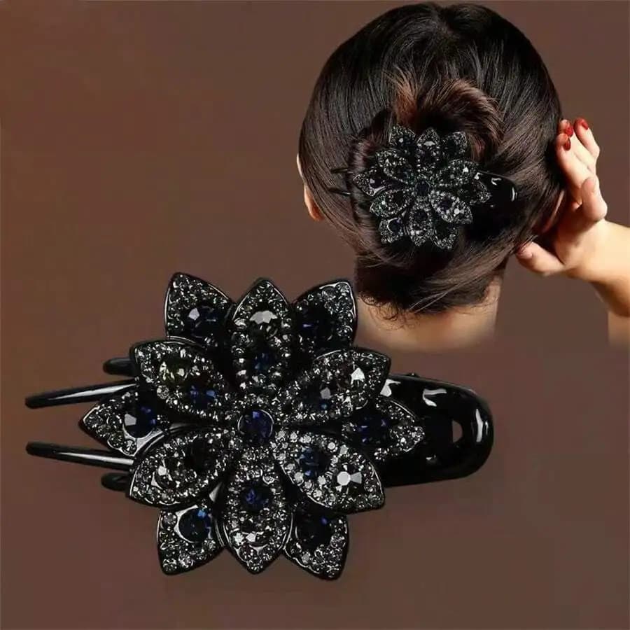 Fermaglio per capelli con fiore in strass per donna, elegante accessorio per acconciature a coda di cavallo