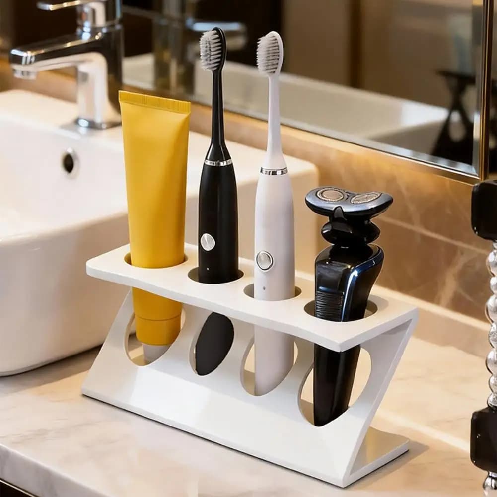 Bathroom brush holder with 4 Z-shaped compartments, toothpaste and toothpaste organizer for the family, also for electric brushes