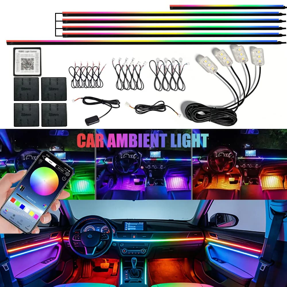 Luci Ambientali LED in Acrilico per Auto 6/10/14/18/22 in 1, Luci Atmosfera Colorate Universali, Striscia Neon per Interni Auto con Controllo App RGB