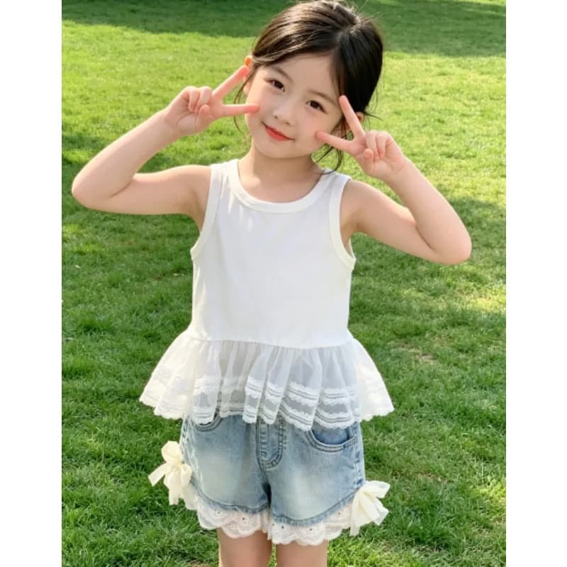 Completo leggero per bambini con canotta e fiocco, gilet estivo nuovo e fresco per neonate 2026, pantaloncini in denim con pizzo