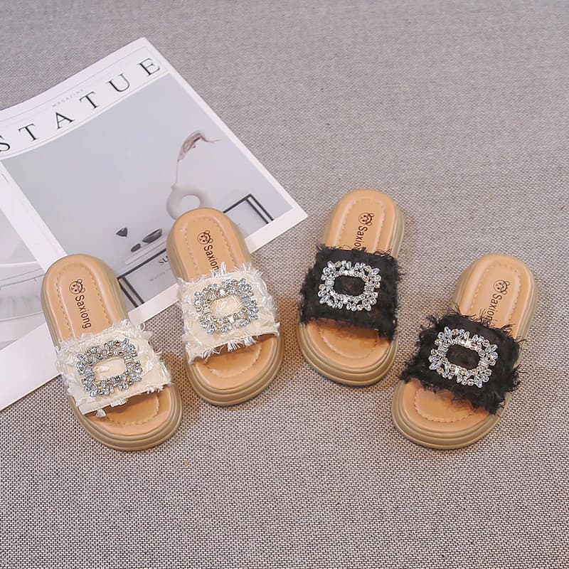 Sandali Estivi per Bambine con Strass e Fibbia Quadrata, Ciabatte Comode alla Moda per Bambini, Ciabatte con Frange e Nappine, Punta Aperta, Taglie 26-35