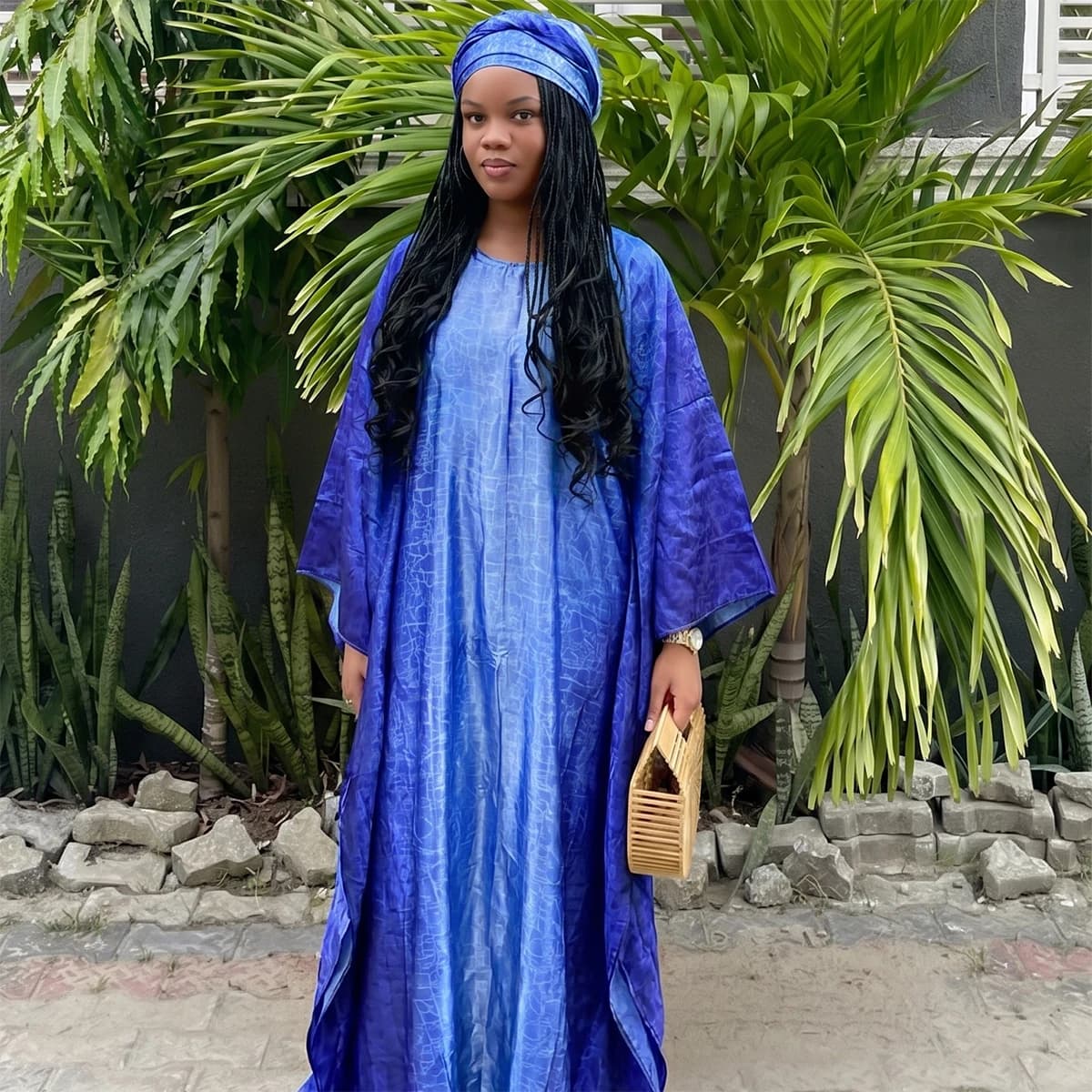 2 Pezzi Abaya Musulmana in Raso Effetto Screpolato Sfumato con Hijab, Vestito Kaftano Ampio a Maniche a Pipistrello, Abbigliamento Islamico Modesto per Donne Africane Eid Quotidiano