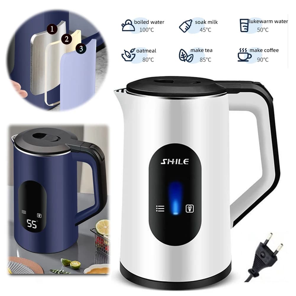 Bollitore Elettrico in Acciaio Inox da 3L con Display Digitale, 1500W, Ebollizione Rapida, Spegnimento Automatico