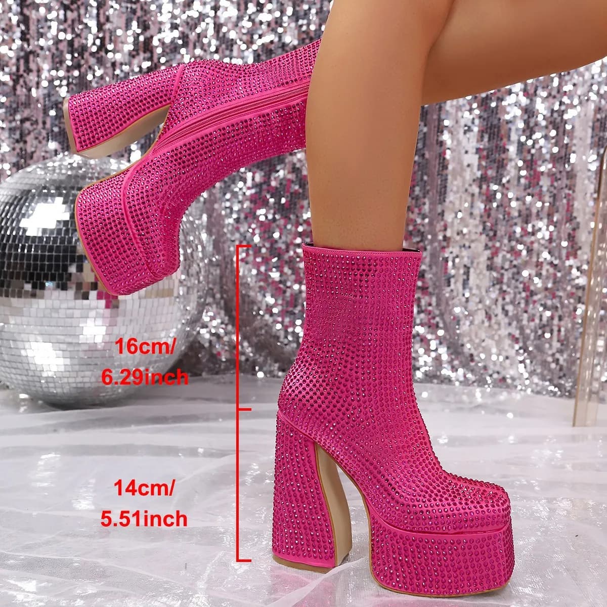 Stivaletti da donna alla moda ultra alti 14 cm con tacco irregolare, tacco spesso, stivaletti corti da donna con strass viola