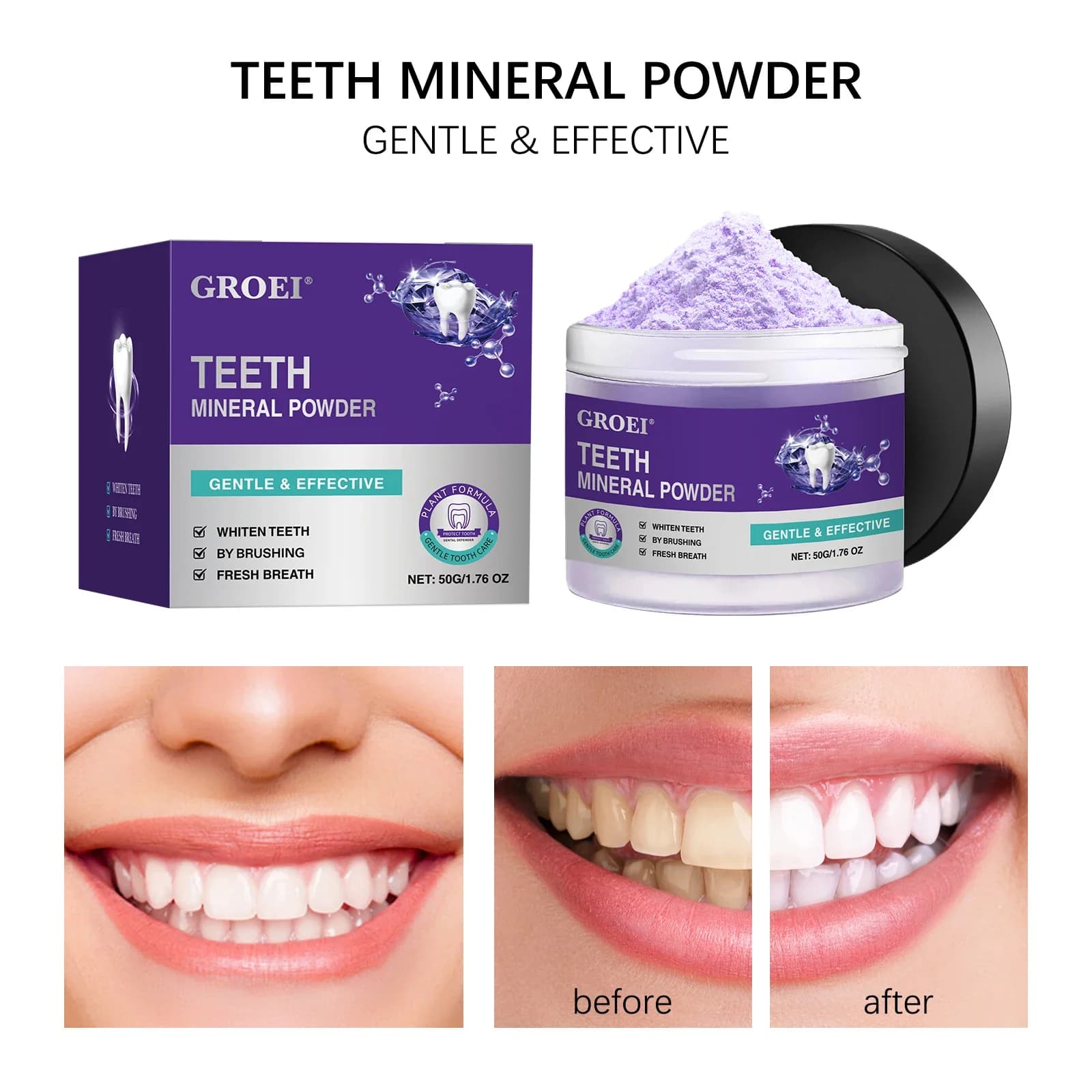 Whitening powder for teeth at purple hydroxiapatite - Effectively cleans plaque and stains, refreshes breath and protects oral hygiene.