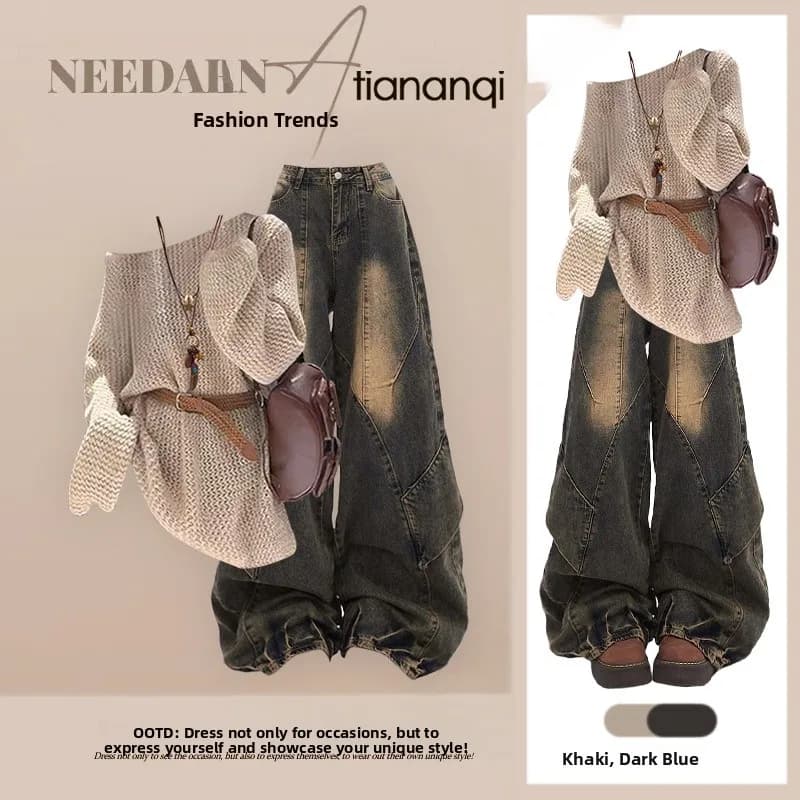 Set due pezzi autunnale: maglione lavorato a maglia con perline vuote e jeans a gamba larga casual, set maglione lavorato a maglia irregolare
