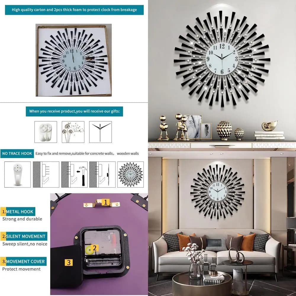 Silent Wall Clock Big Roll Metal - Battery Powered for Living, Kitchen, Bedroom or Office