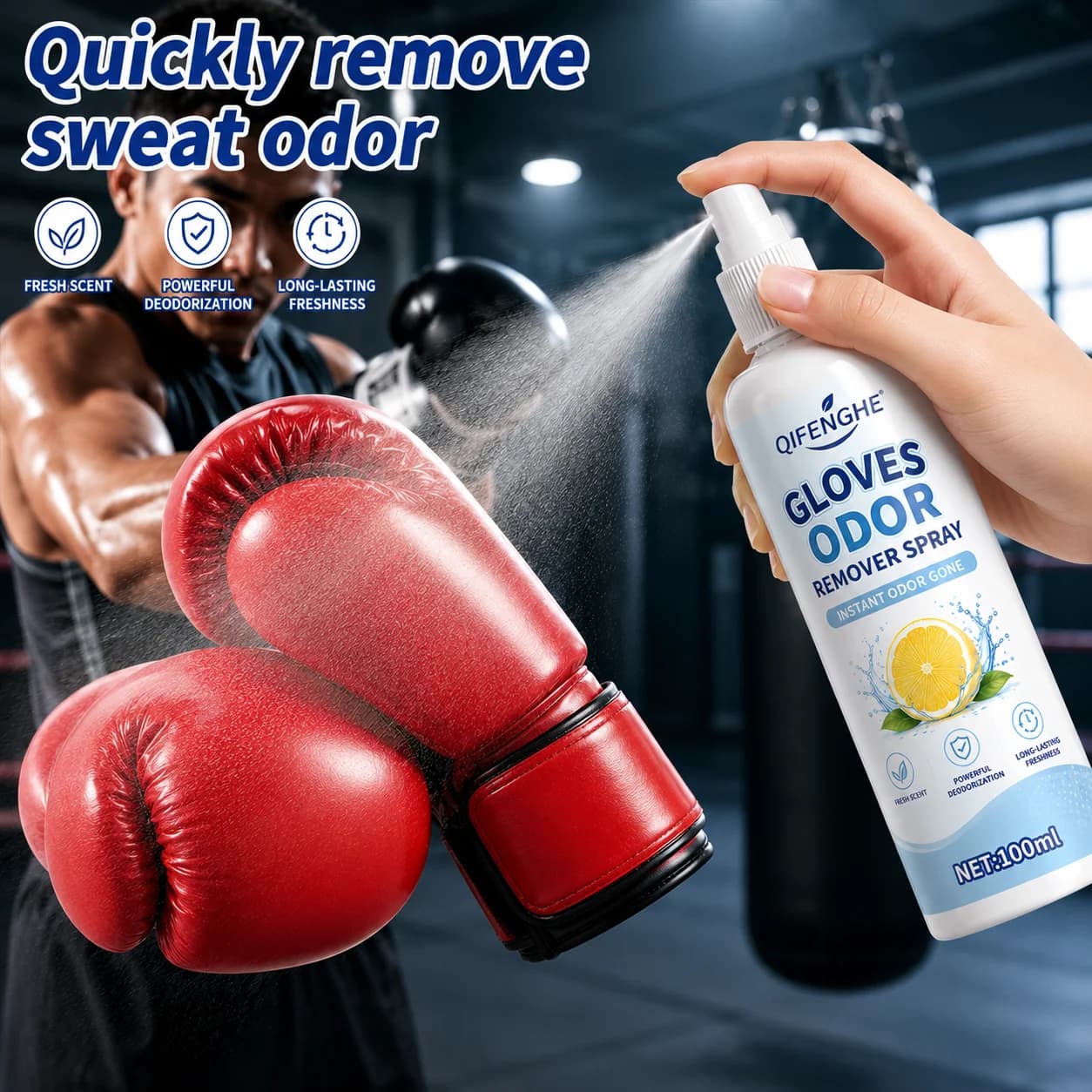 Boxing Glove Deodorant Spray, All-In-One Sports Equipment Odor Eliminator for Taekwondo Guards, Punching Bags, Hockey Gear & Lea
