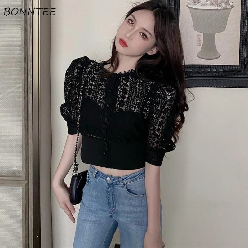 Camicie di pizzo donna S-3XL Design semplice Crop All-match Sexy Slim puro traspirante manica a sbuffo stile francese Femme Retro Chic elegante