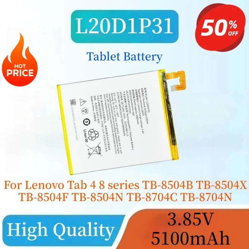 Batteria per tablet nuovissima L20D1P31 3.85V 5100mAh per Lenovo Tab 4 serie 8 TB-8504B TB-8504X TB-8504F TB-8504N TB-8704C TB-8704N