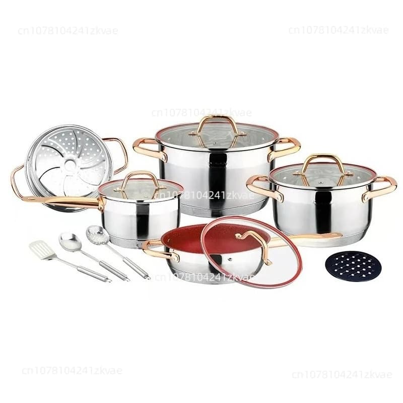 Set of stainless steel pots, non-stick pan with 9-layer thickened bottom, family, steam cooking, milk pan, pan, spatula