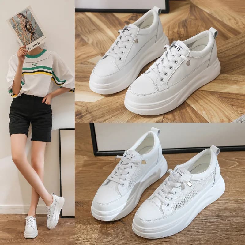 Women's Genuine Leather Mesh White Sneakers 2026 Spring Summer Lightweight Height Increasing Casual Shoes Slip on Platform Shoes