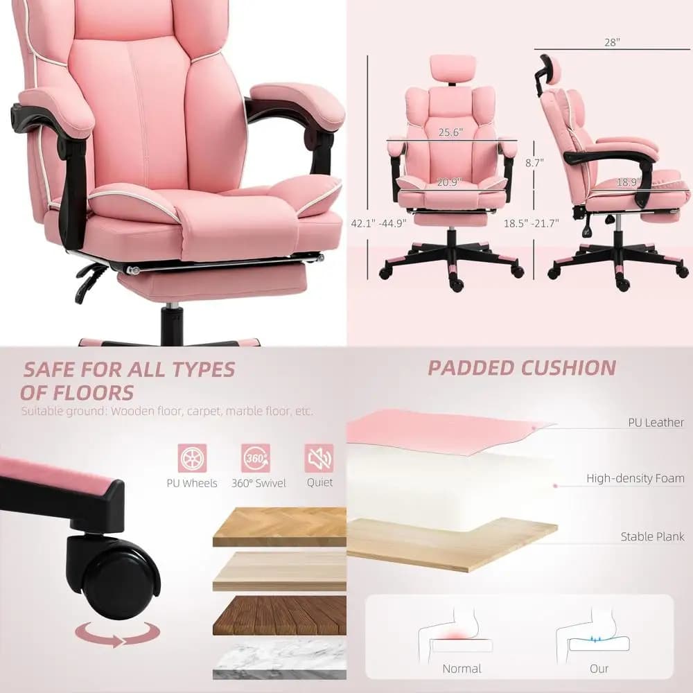 Sedia girevole oversize in pelle PU rosa con reclinabile, poggiapiedi e poggiatesta per l'home office