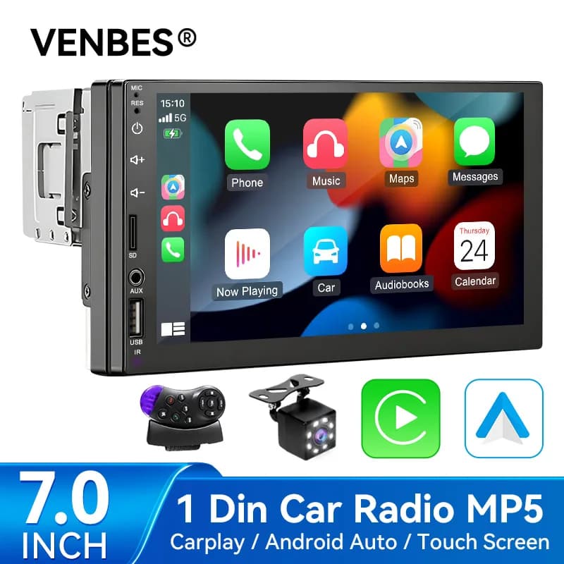 Autoradio VENBES con Carplay e Android Auto, 1 DIN, Schermo 7 Pollici, Mirrorlink, BT 5.0, FM, Lettore Multimediale MP5, Telecamera CVBS