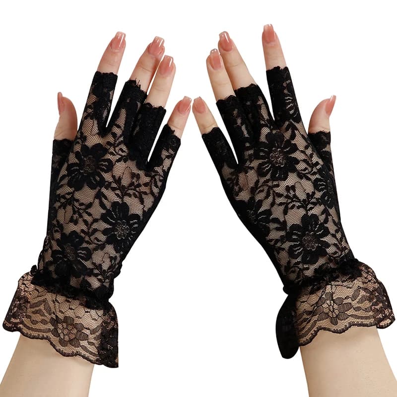 Summer Women Lace Driving Sun Protection Finger Gloves Wedding Thin Elasticity Mesh Touchable Screen Half Finger Short Gloves