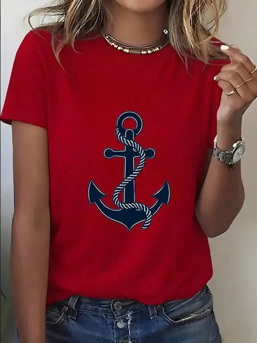 T-shirt da donna con stampa ancora nautica - Maglietta rossa con stampa marittima per abbigliamento casual da spiaggia e nautica