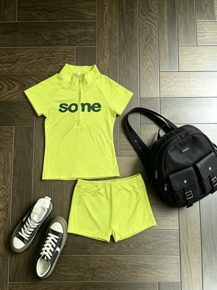 Coquette Neon Green Half Zip Short Sleeve Set Women With Letter Print Detail For Daily Wear And Street Outfit