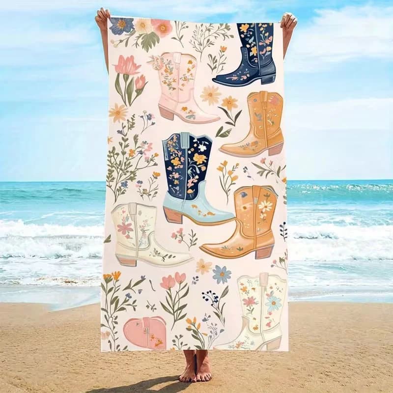 Western Cowboy Boots Floral Beach Towel Boho Farm Print Quick Dry Soft Absorbent Towel for Country Lovers