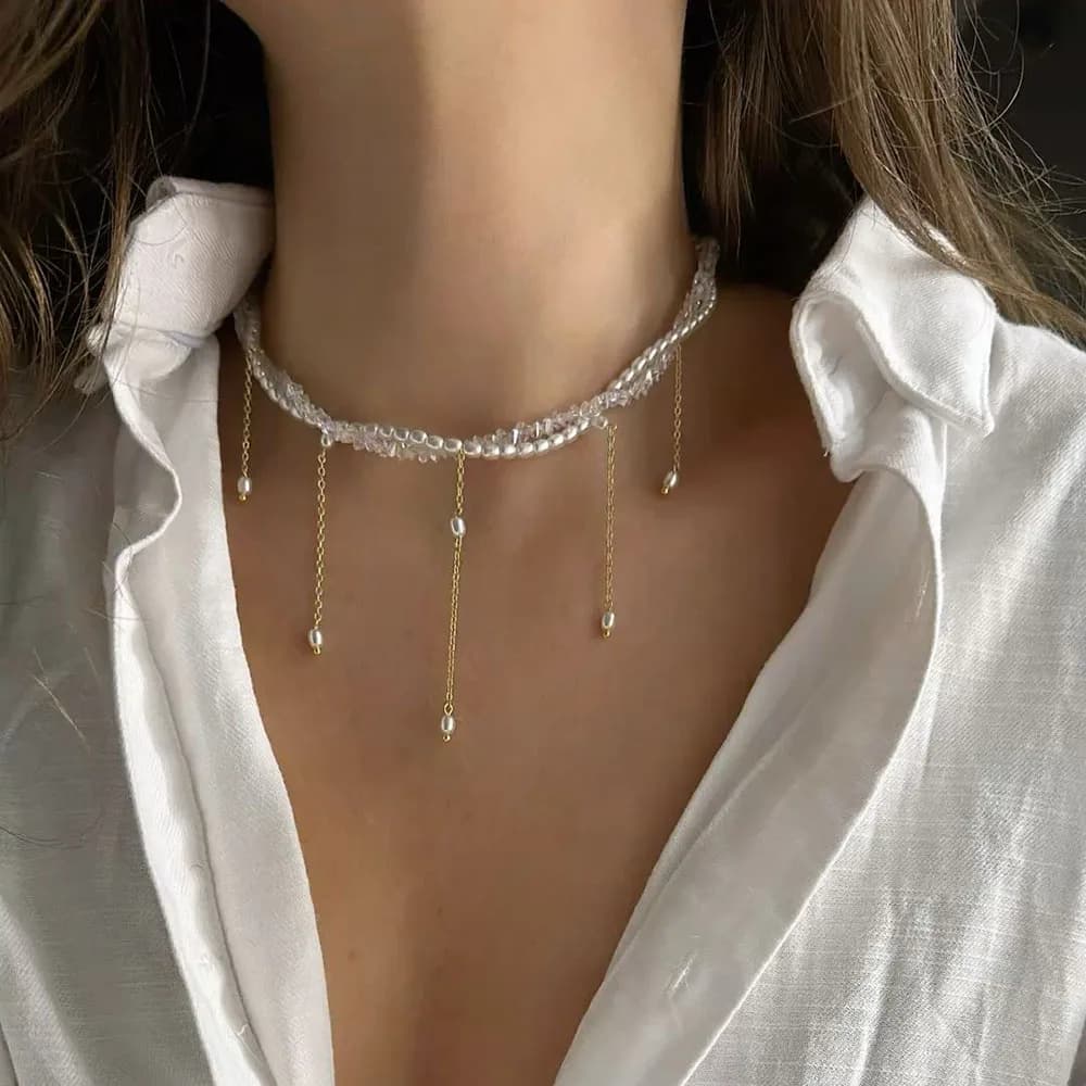Collana con ciondolo a catena con nappa di moda per le donne Boho cristallo trasparente e imitazione catena di perle gioielli regalo di San Valentino N0538