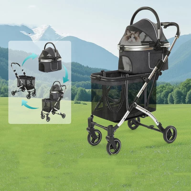 Passeggino per animali domestici a doppio strato di grande spazio Trasportini per cani separati e traspiranti Trasportino per cuccioli leggero Forniture per cani pieghevoli portatili