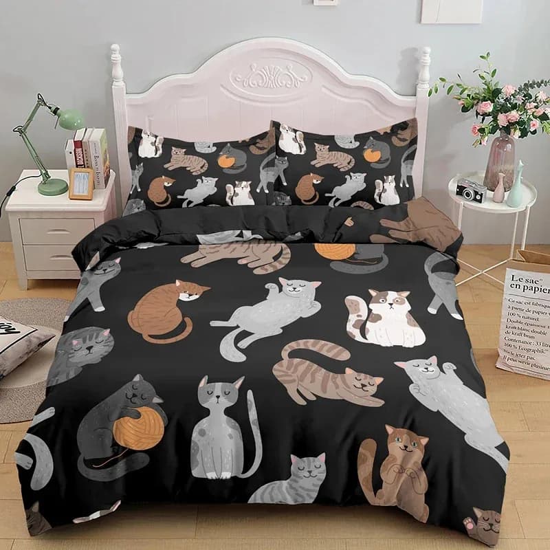 Set biancheria da letto stampata su un solo lato da 3 pezzi, trapunta Cartoon Cute Cat Copripiumino Cuscini Comodi copriletti Set biancheria da letto