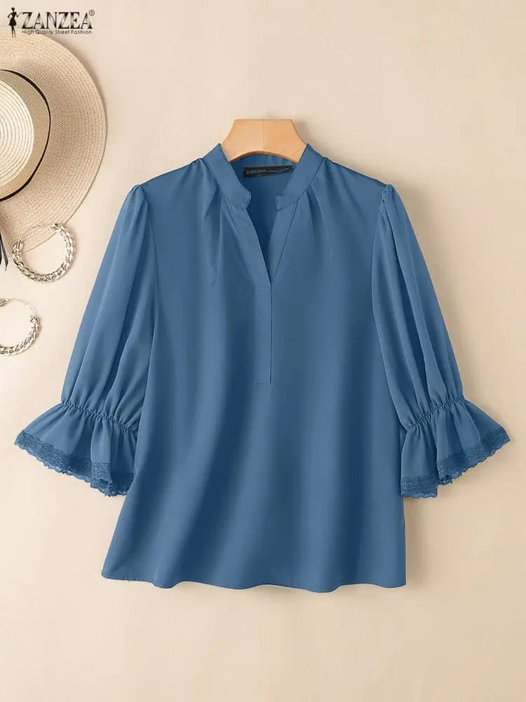 ZANZEA Camicette eleganti da donna con finiture in pizzo Manica a lanterna 3/4 Scollo a V Pullover tinta unita Top Autunno Moda Donna Abbigliamento S-3XL