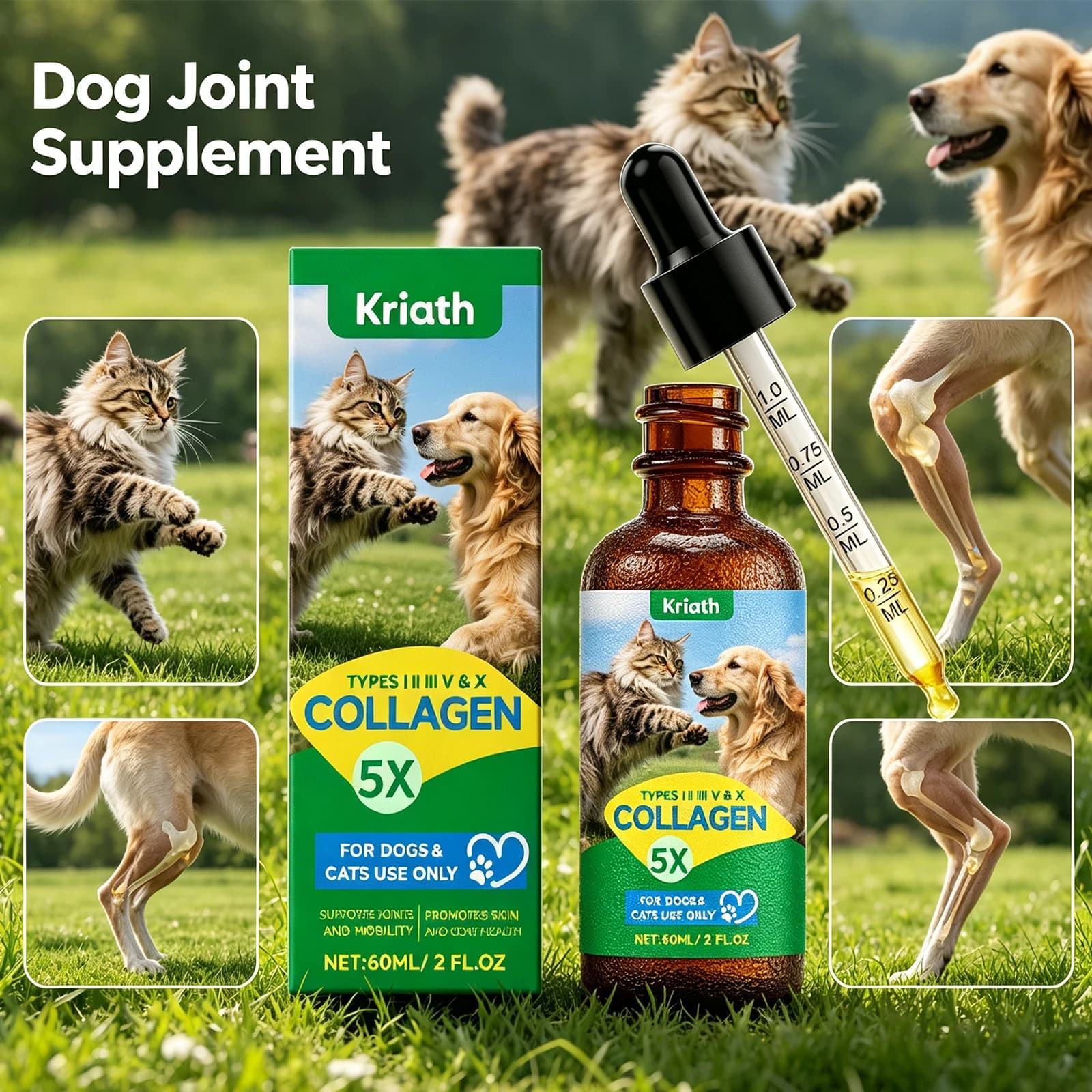 Gocce di Collagene per Animali Domestici, Cura delle Articolazioni, Nutrimento della Pelle e del Pelo, Supporto Digestivo, Mantenimento del Sistema Immunitario, Integratore Nutrizionale Liquido 60ml