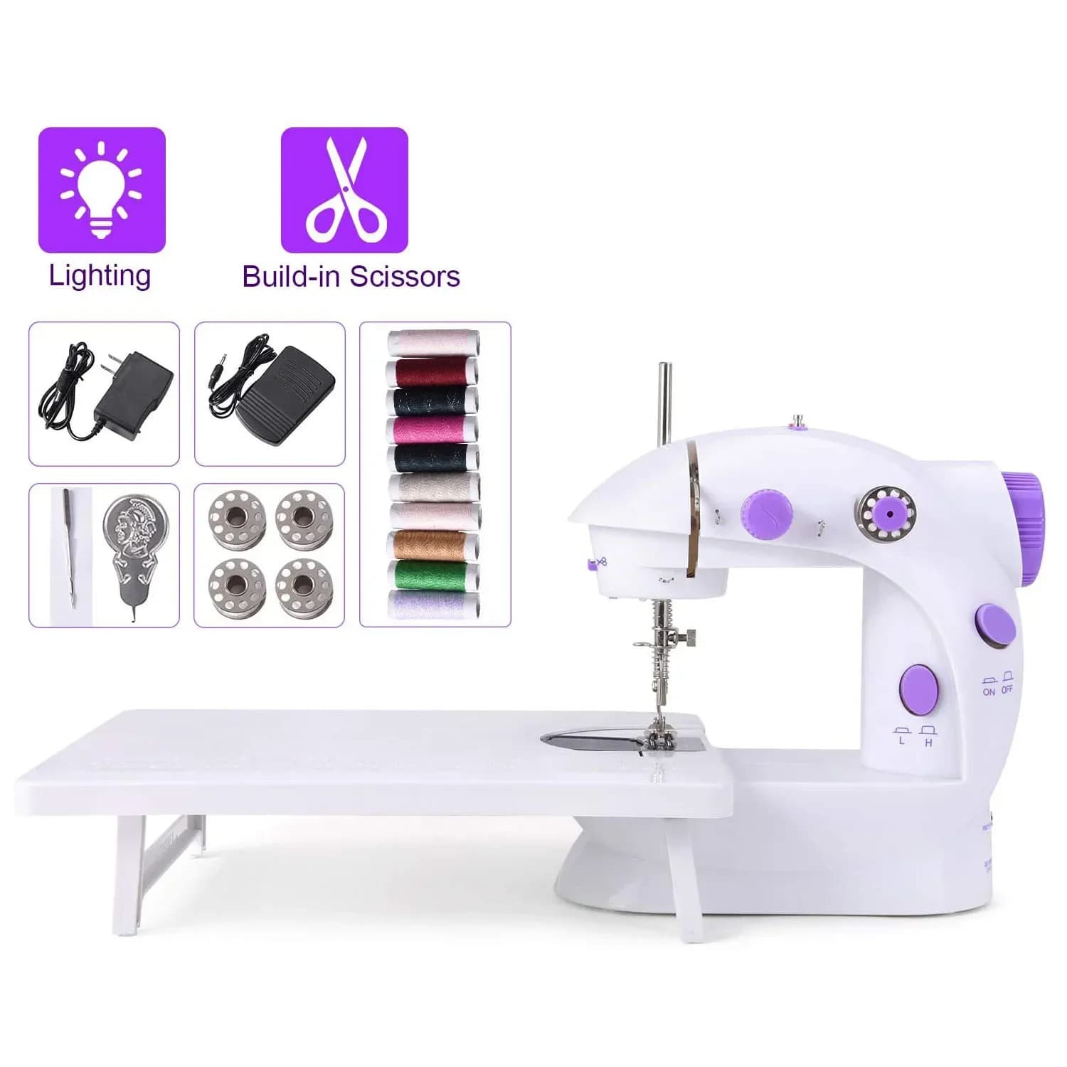 2020 Macchina da cucire Mini portatile per uso domestico Luce notturna Pedale Linea retta Tavolo a mano Kit a due fili elettrico