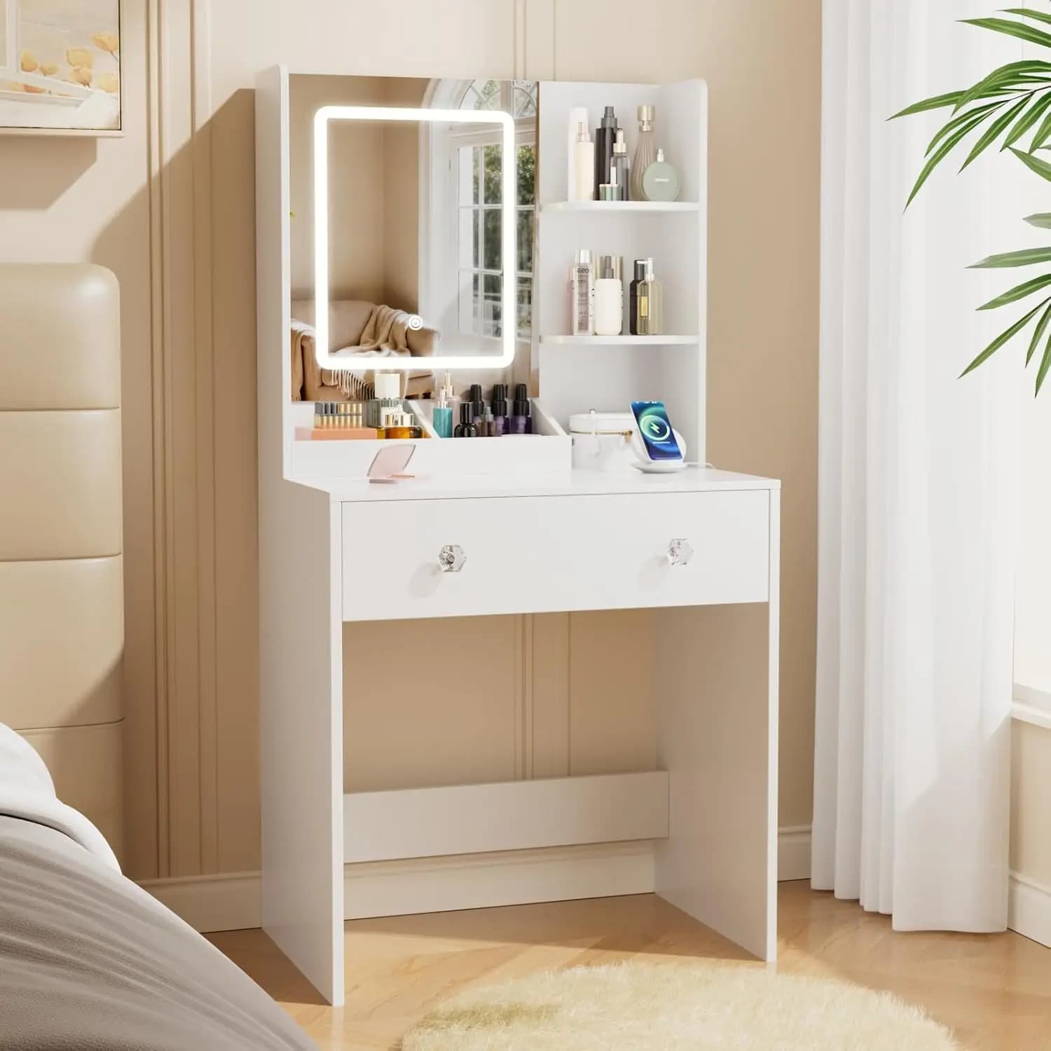LIVELYGLOW Small Makeup Vanity Desk with Smart LED Mirror & Power Outlet, 29.5" White Vanity Table with Hairdryer Rack, 5 Storag