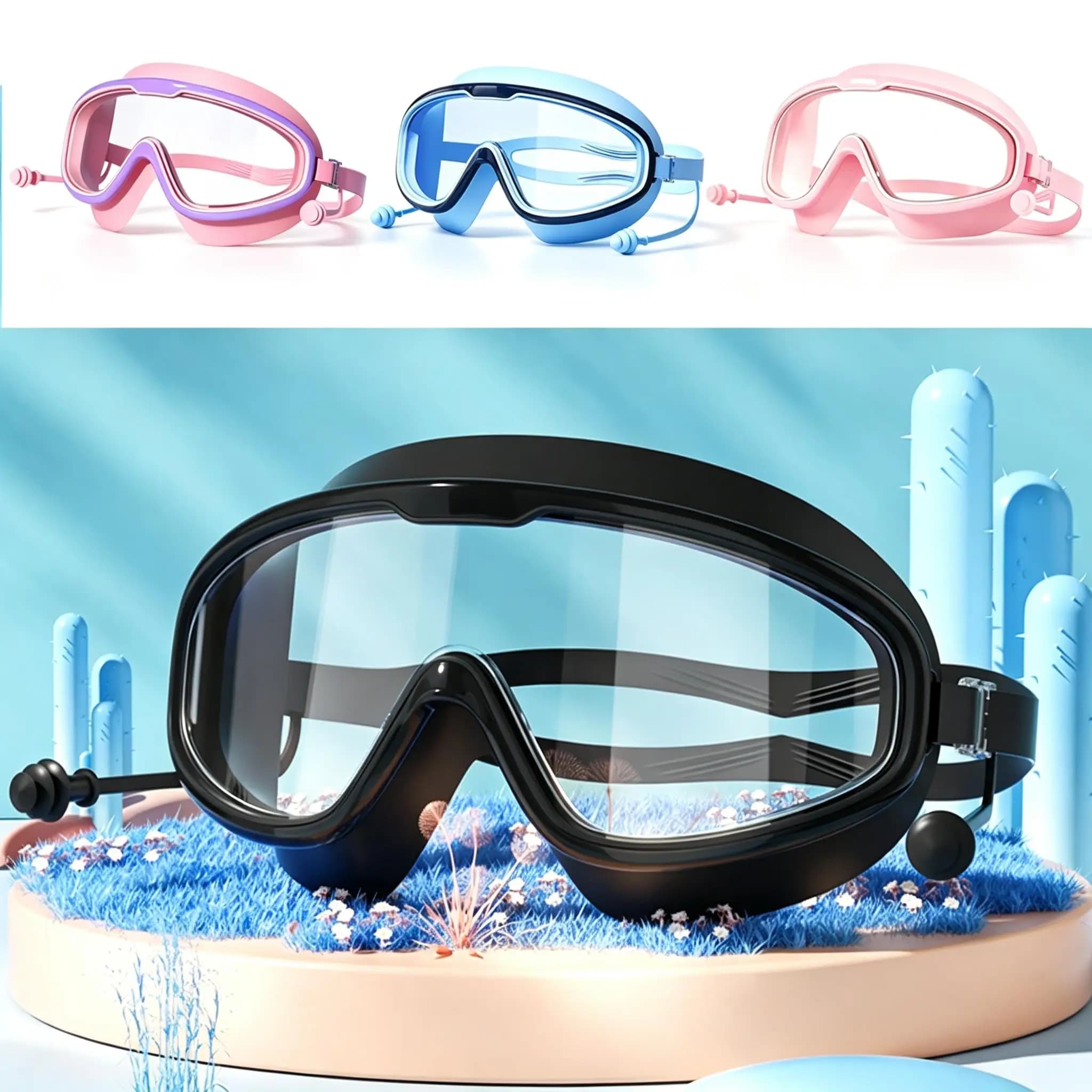 Unisex Kids Diving Goggles Adjustable Buckle Built‑in Earplugs,Pink Blue & More Colors Optional for Kids Holiday Hot Spring