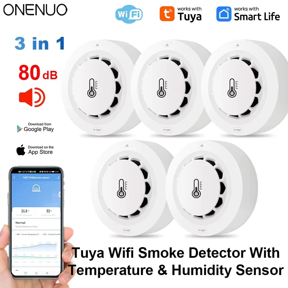 Tuya Wifi BT Rilevatore di fumo a due collegamenti Dispositivo di misurazione dell'umidità della temperatura Allarme sonoro 80dB Funzione di avviso push remoto