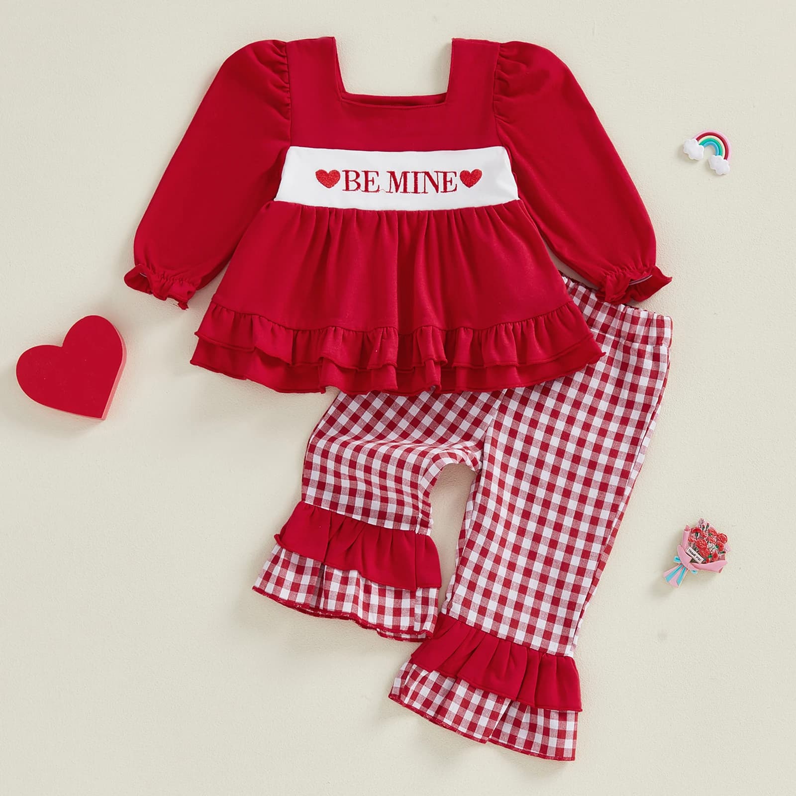 Valentine's day dress set for baby girl with long sleeves top and Scottish bleached trousers - Lovely baby outfit for baby