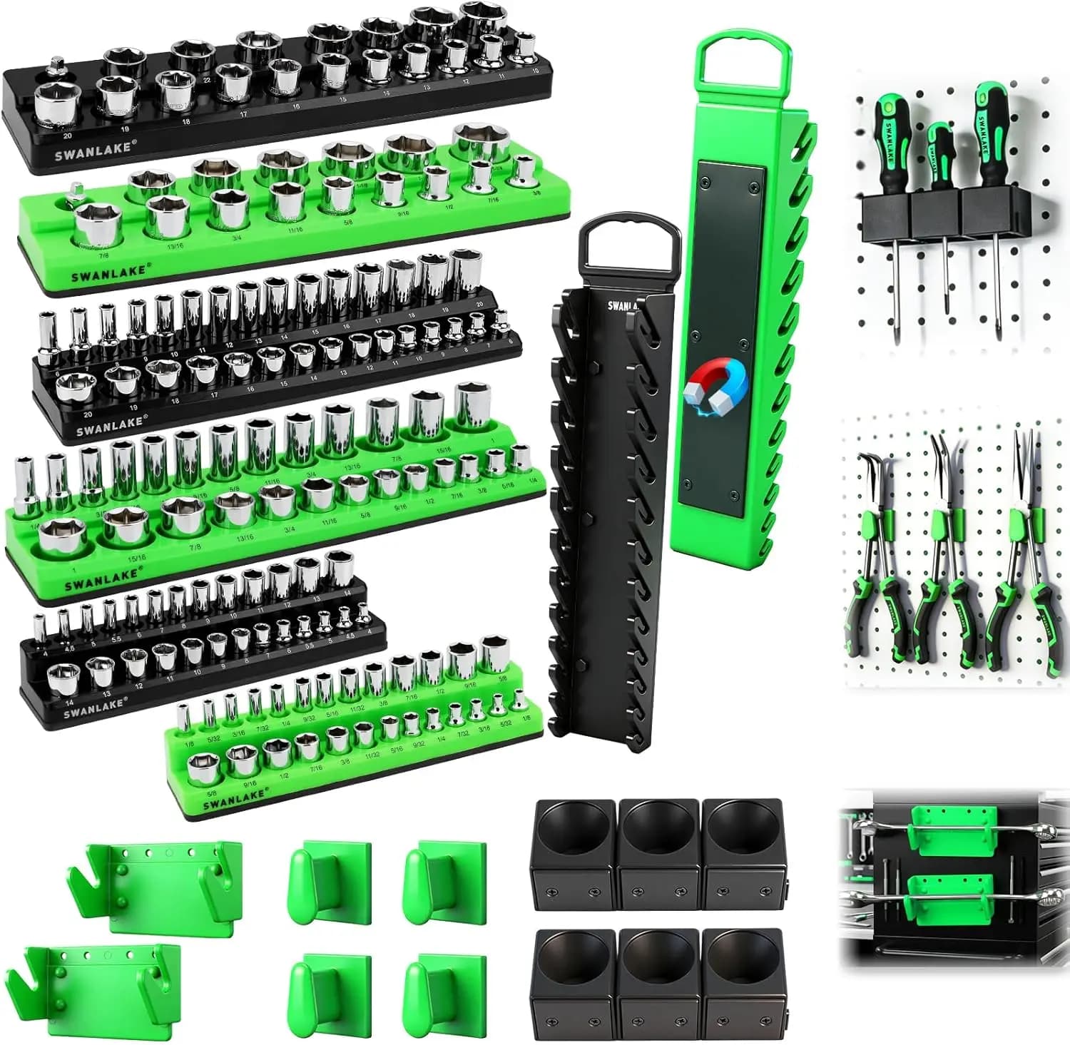 Set Organizzatore Magnetico per Utensili da 20 Pezzi - Guide per Chiavi a Bussola SAE e Metriche, Supporti per Chiavi, Porta Pinze e Cacciaviti da Parete
