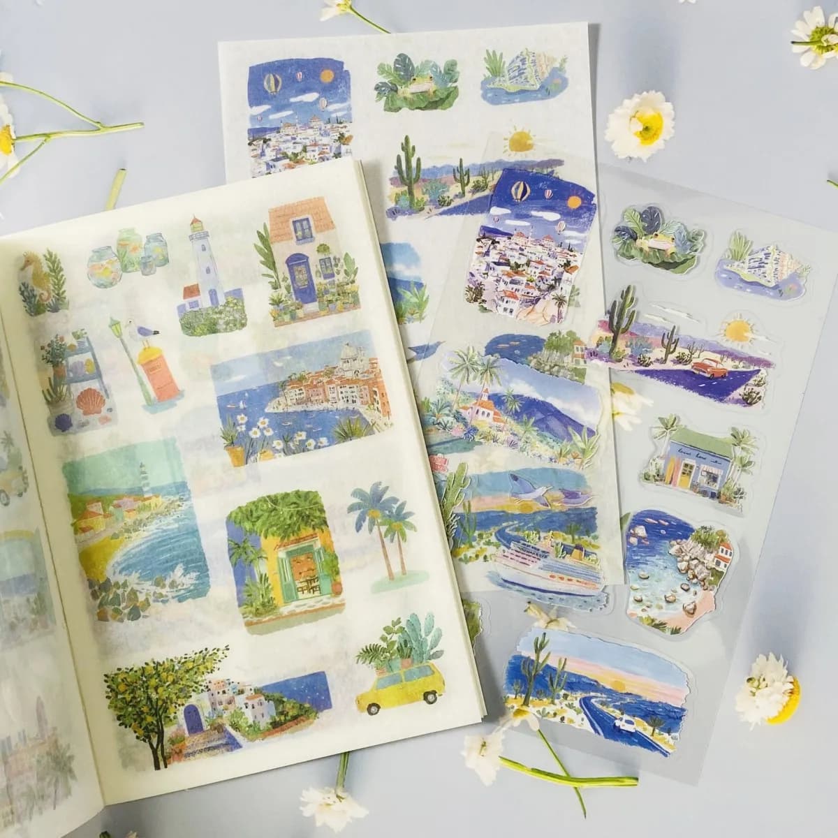 20sheets Scrapbook Landscape Stickers Dual Materials PET and Washi Paper for Scrapbooking Journaling DIY Crafts Card Making