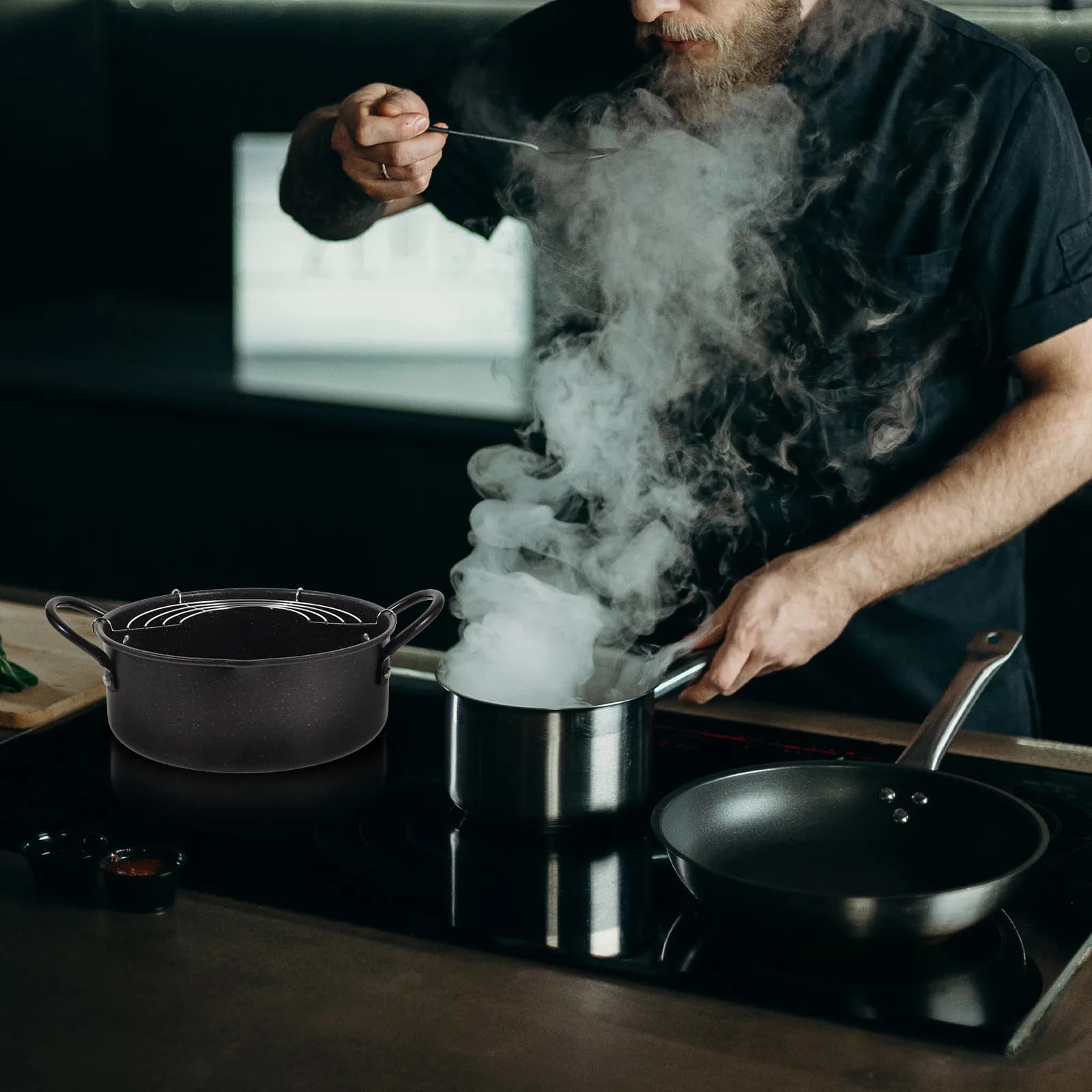 Set di Mini Padelle per Frittura in Stile Giapponese, in Ferro e Acciaio Inox Antiaderente, Pentola Profonda Portatile per Tempura, Pesce, Ali di Pollo