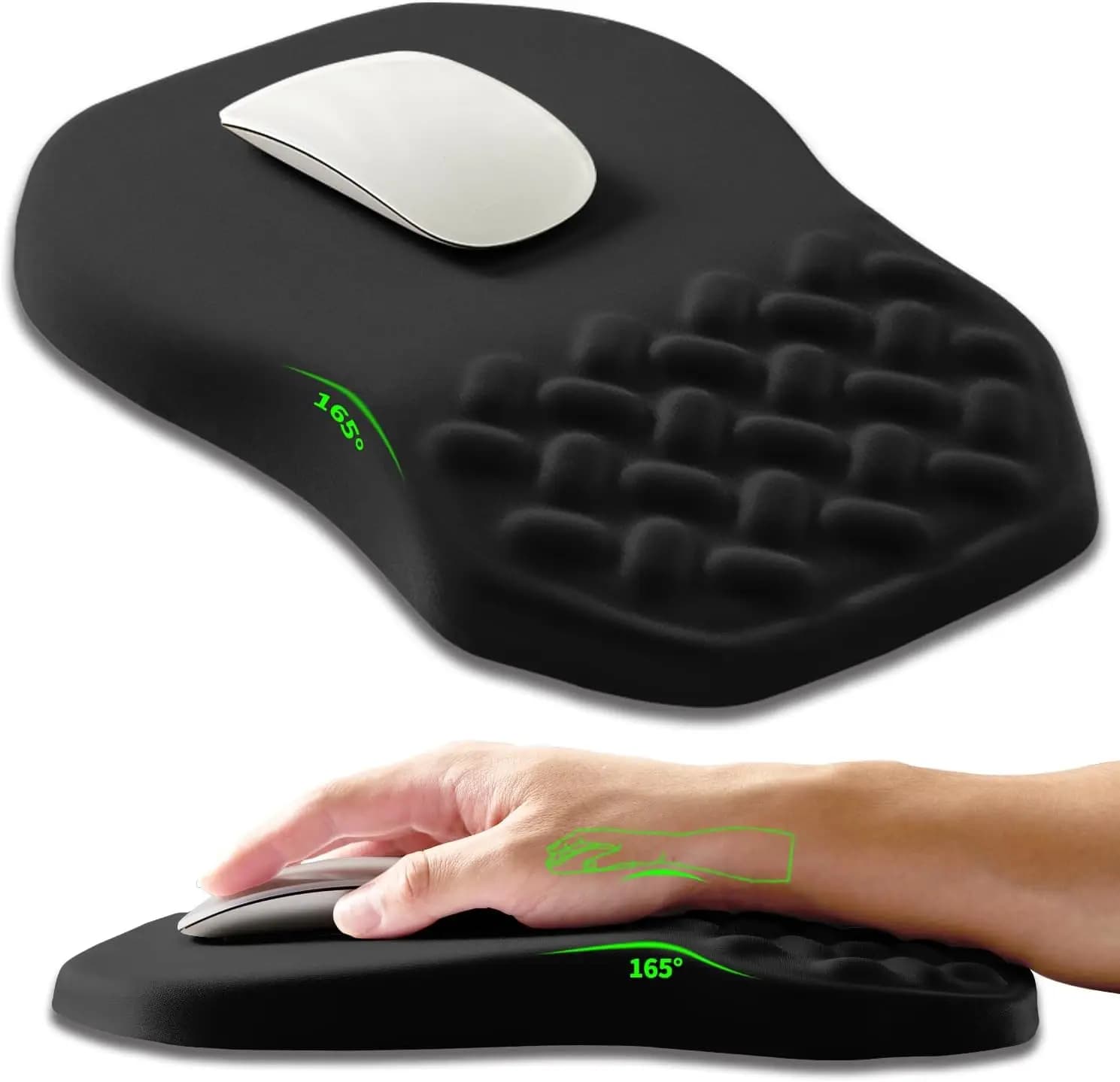 Tappetino per mouse ergonomico con supporto per il polso, memory foam, sollievo dal dolore, 12x8 pollici, nero