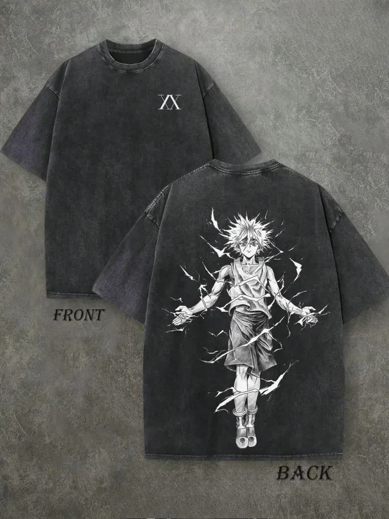 T-Shirt Streetwear Hunter X Hunter Killua Zoldyck Anime Effetto Lavato Primavera Estate Vintage Uomo Donna Cotone Casual Oversize