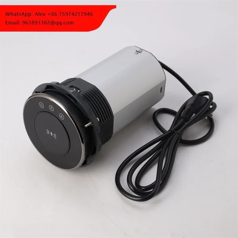 Presa a scomparsa motorizzata impermeabile con 3 prese e 2 USB, supporto per altoparlante Bluetooth e ricarica wireless.