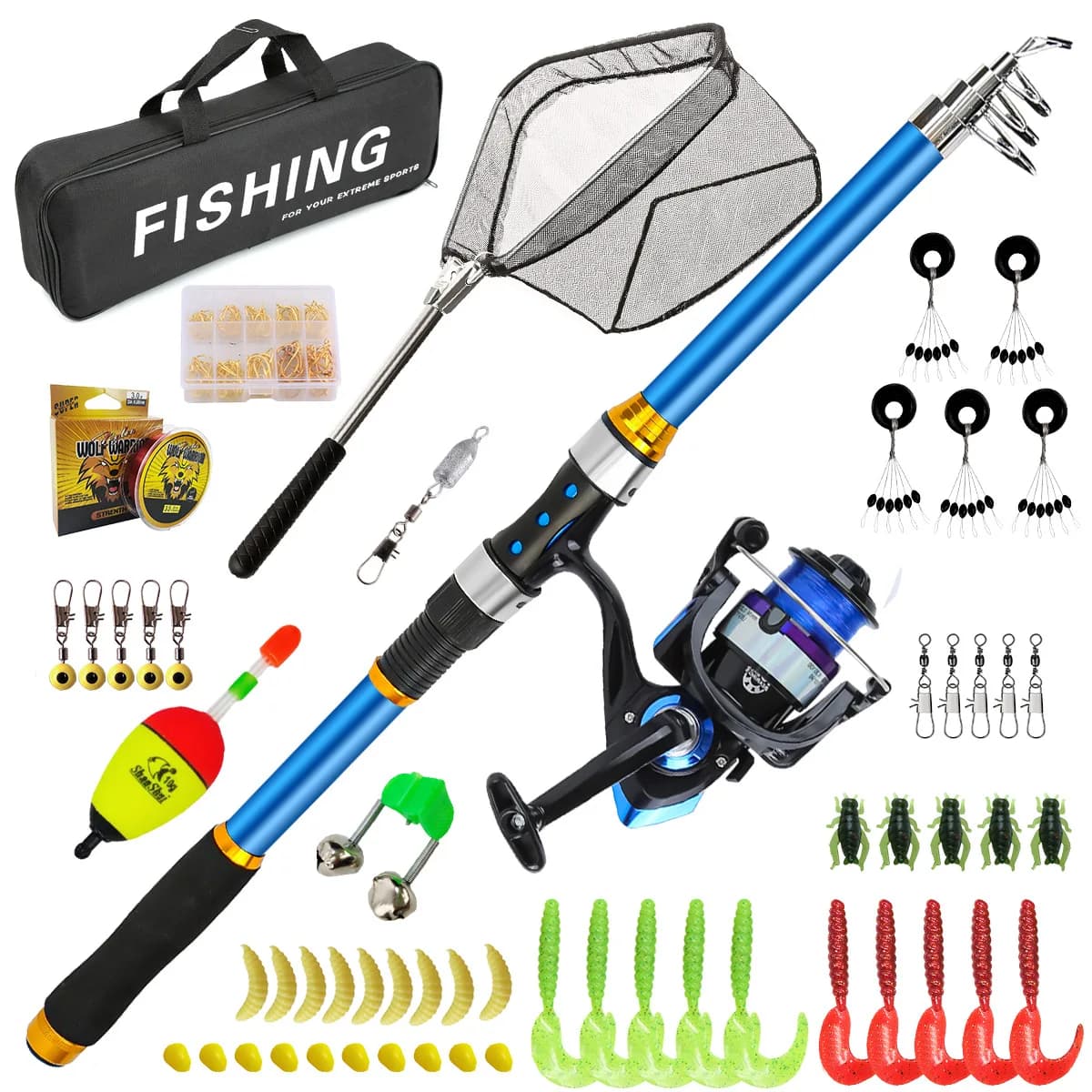 2.1-3.6 m glass fiber telescopic fishing rod set with reel and accessories - Compact travel spinning rod for fresh and salt water