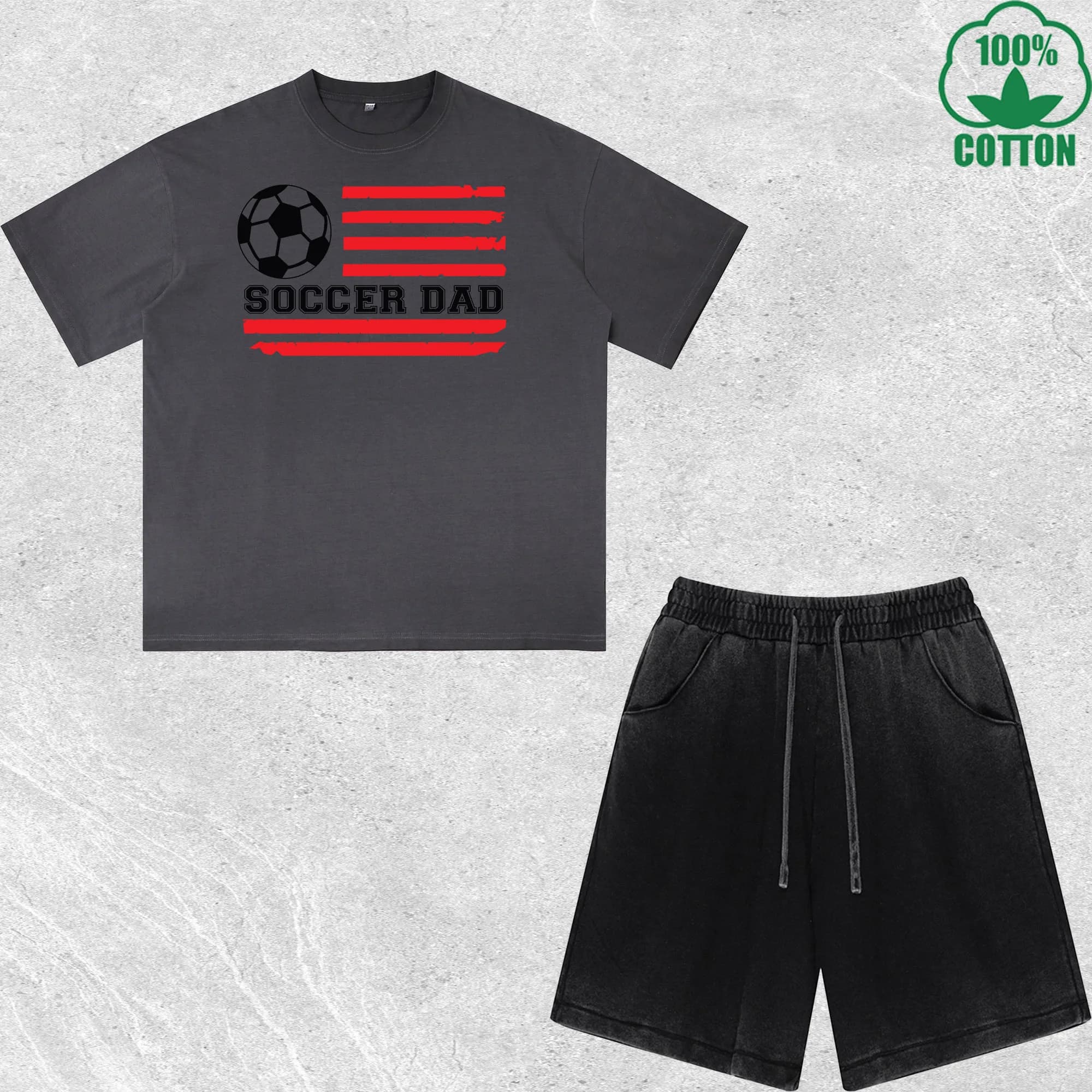 Set T-Shirt e Pantaloncini da Calcio con Stampa 'Dad' Effetto Usurato, Combinazione Trendy e Alla Moda in 100% Cotone, Confezione Conveniente