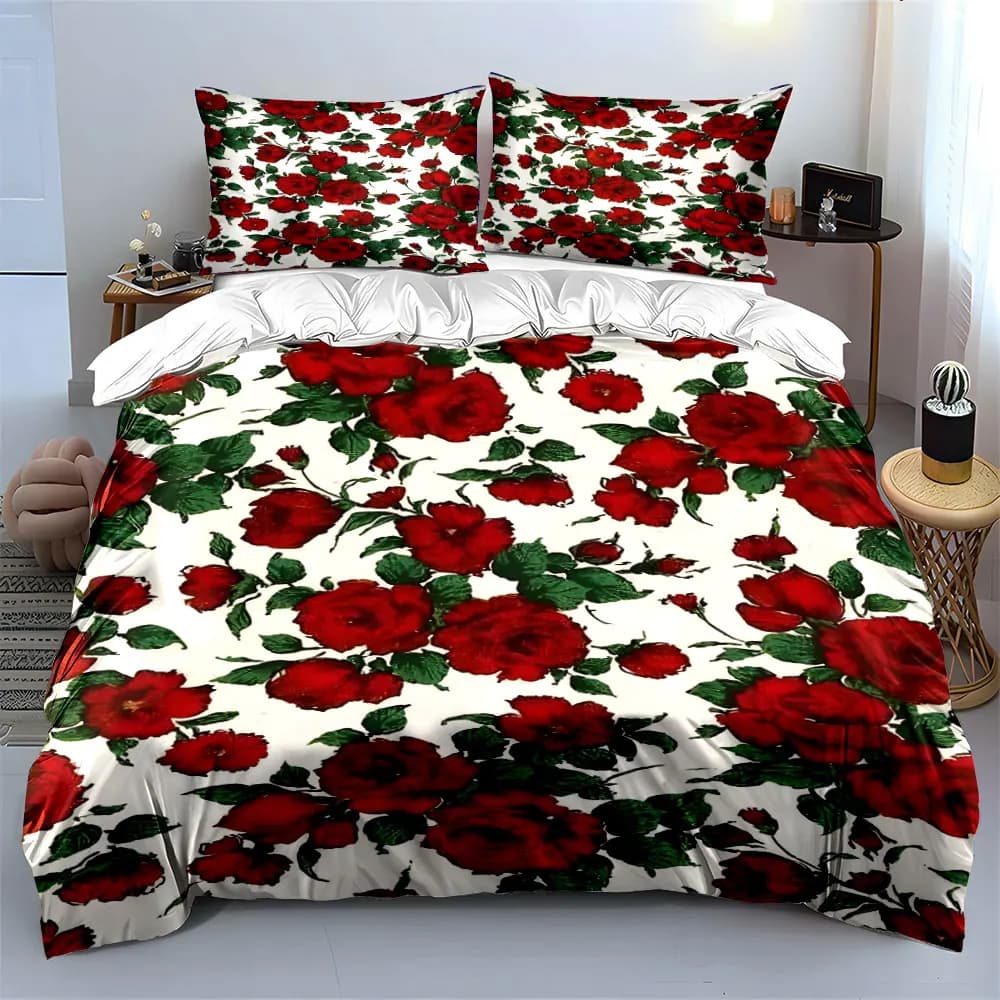 Red roses with green leaves pattern Print Bedding Set 1 Duvet Cover 2 Pillowcases for Adult and Children Luxury Gift Full Size