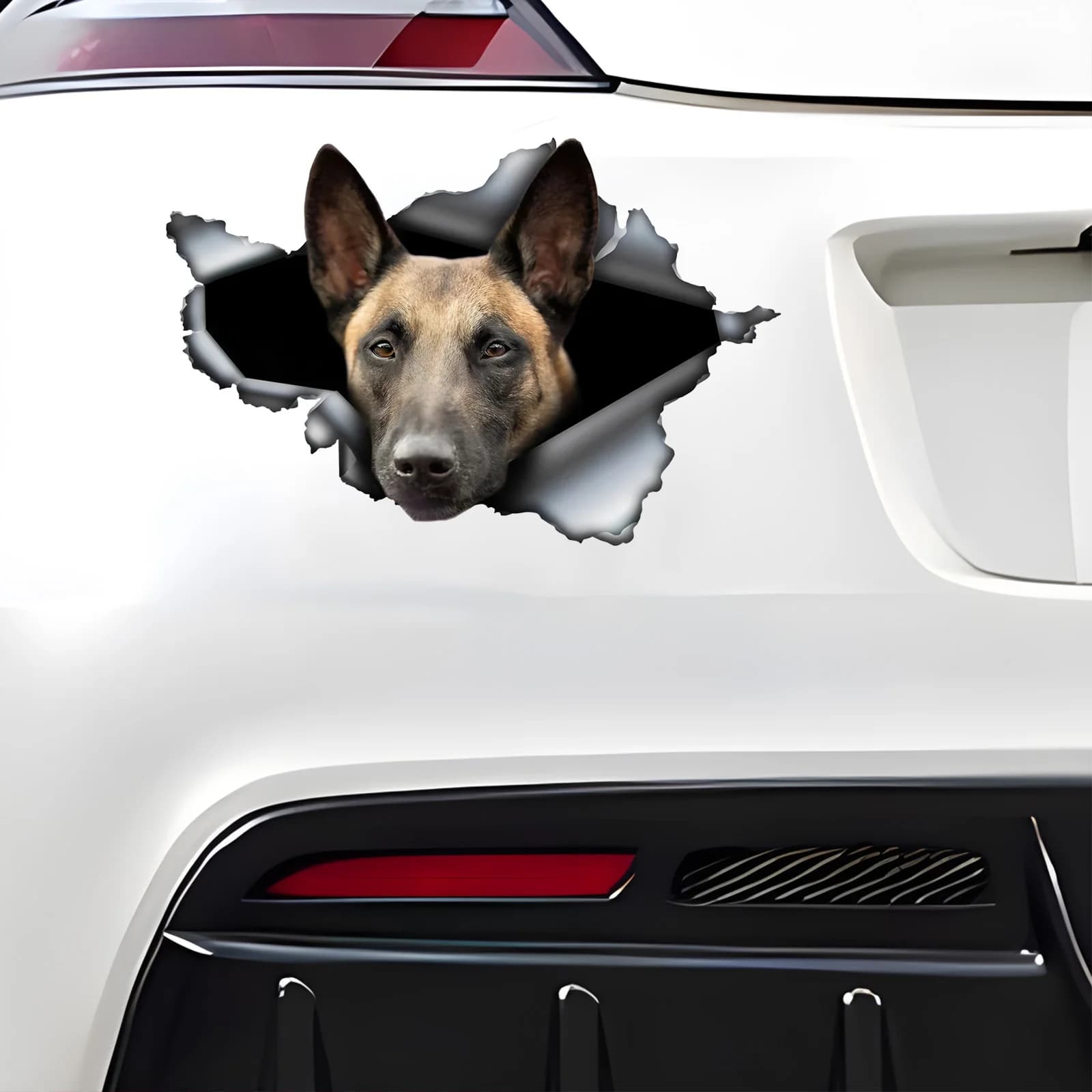 DK476 # Adesivo per auto belga Malinois 3D Break the Wall, accessori in materiale vinilico impermeabile, interessante per auto, camion, moto