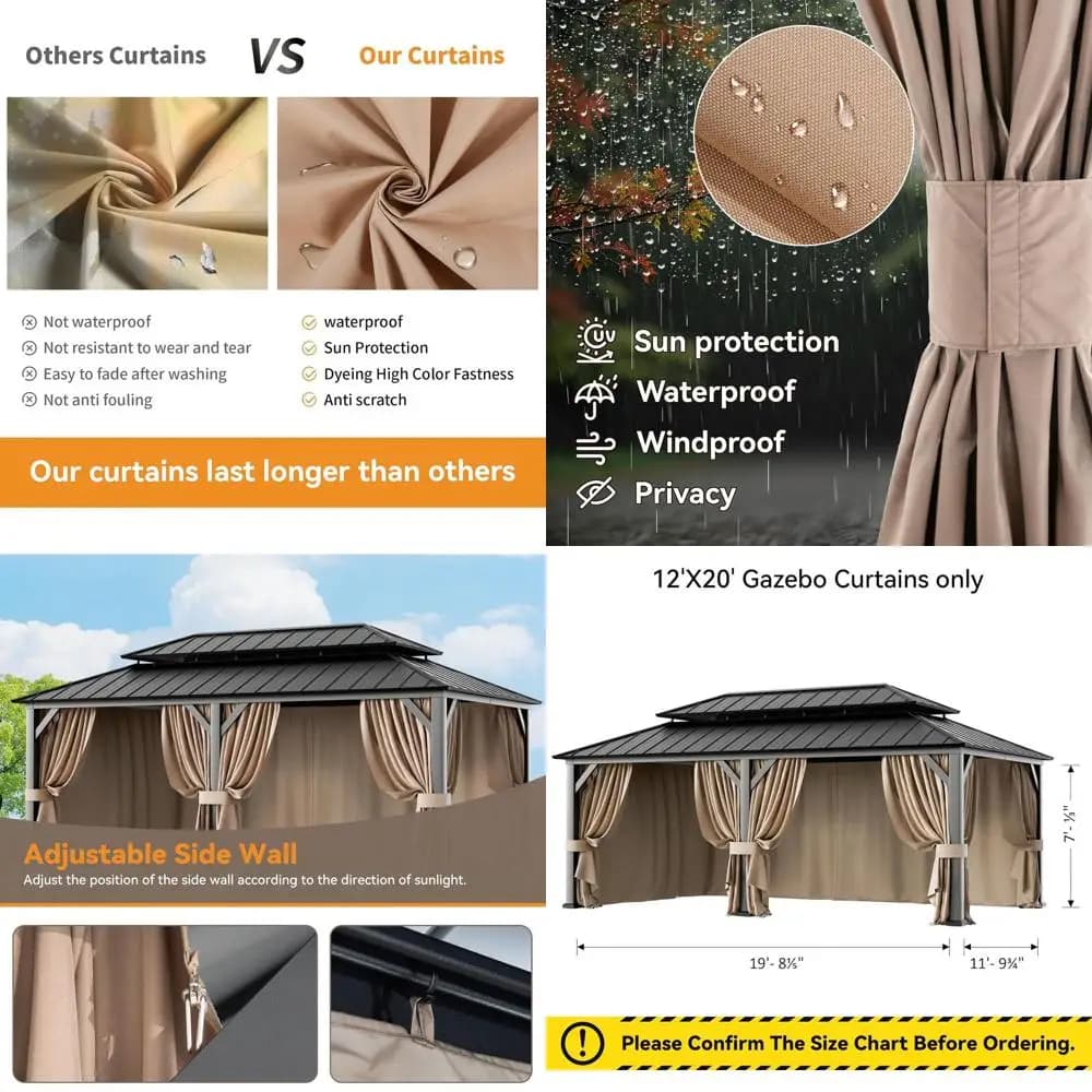 Curtains for outdoor gazebo 12' x 20', 6 spare side panels, with zipper for patio, garden, courtyard.