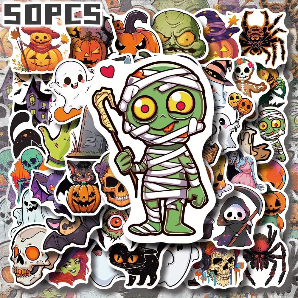 50pcs Cartoon Halloween Themed Vinyl 2D Flat Stickers Pack Non-Repeating Delicate Decoration Removable Decals Halloween Gift